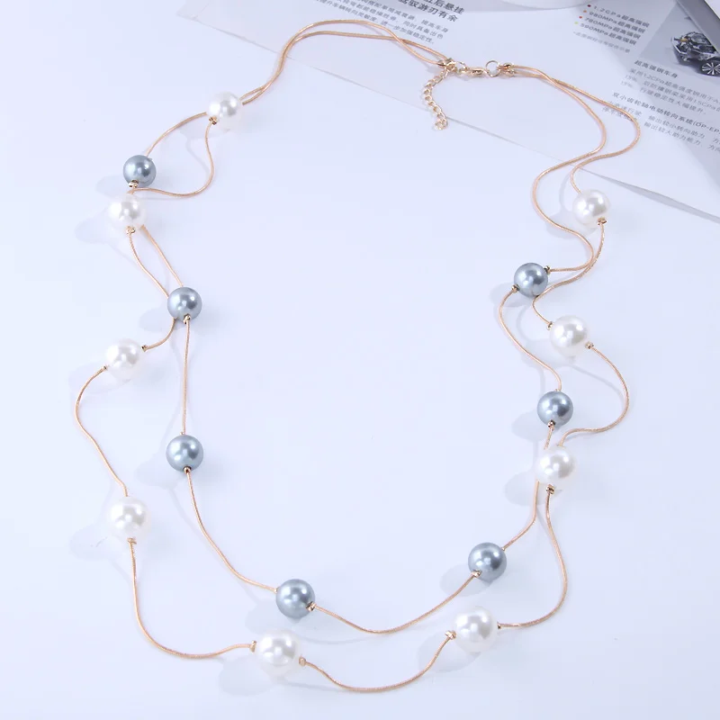 Gold Color Necklaces Simulated Pearl Jewelry Long Necklace Women Bijoux Double Layer Sweater Chain Necklaces