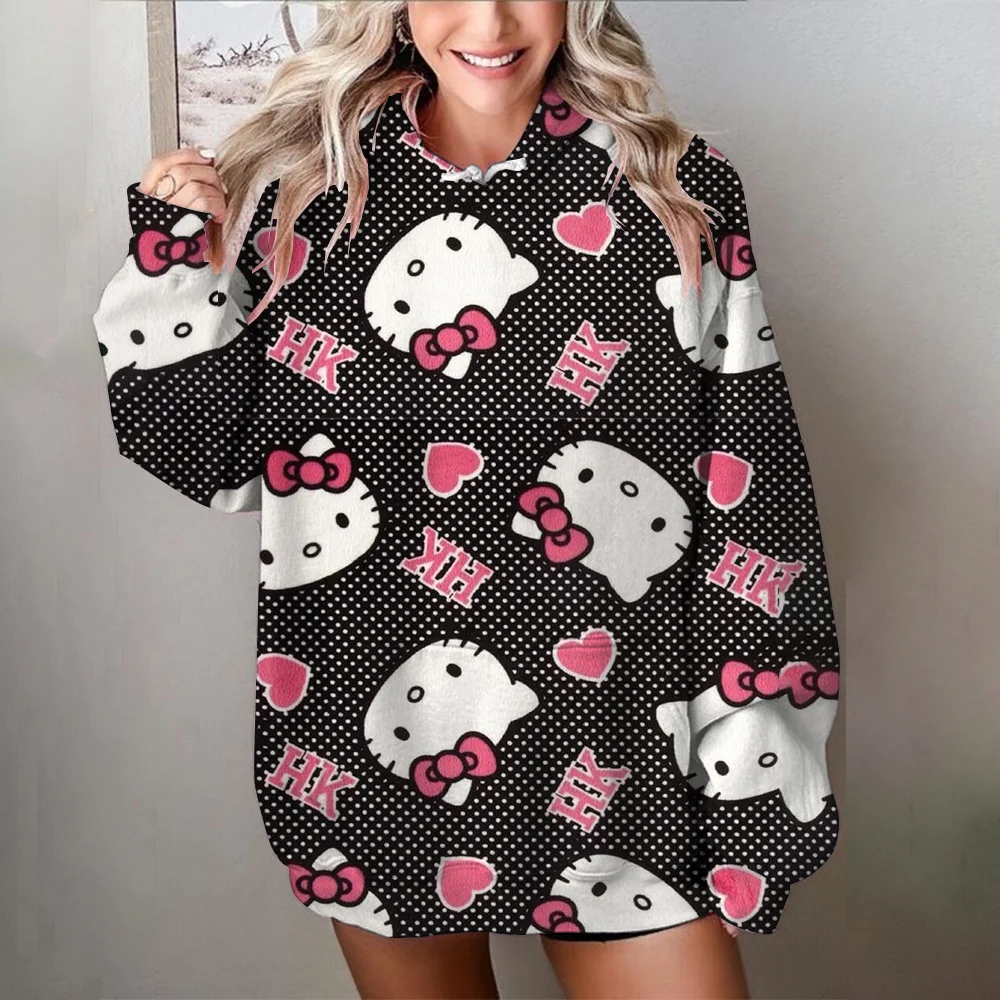 

MINISO Hello Kitty Print Women Sweatshirt Autumn/Winter Cute Cartoon Clothing Classic Anime Hoodies For Boys Girls Pullover Tops