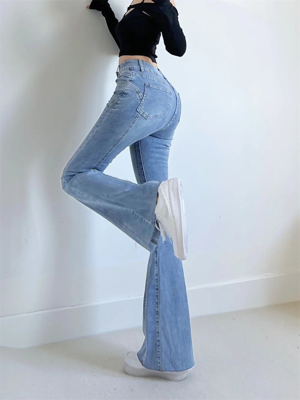 slim jeans micro flared trousers women's thin two button, peach buttocks, straight leg, floor K005