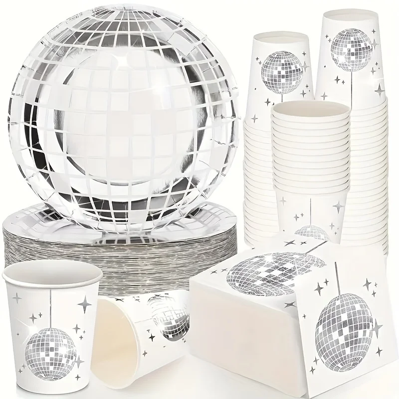 75 piece set, disposable disco party tableware set, dining plates, paper cups, disco party decoration, atmosphere decoration