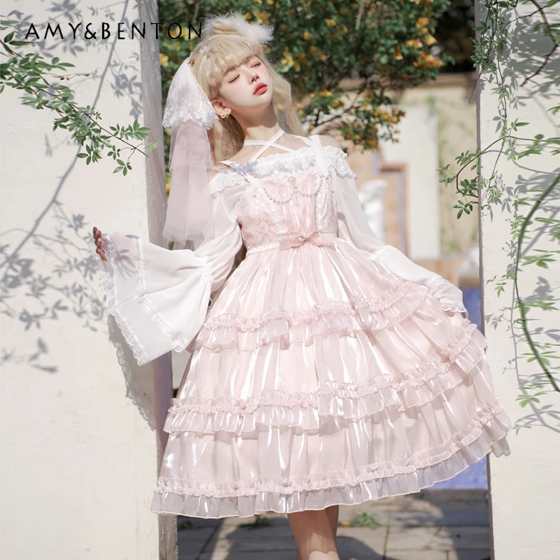 

Summer New Hot Sale Birthday Party Coming-of-Age Ceremony Lolita Pink White Green Apricot Mid-Length Strap Dress