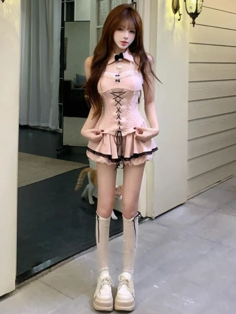 جديد فرنسا الحلو الوردي حبال 2 قطعة مجموعة النساء Kawaii تصميم مقوس دانتيل سليم بروتيل + جميل عالية الخصر كعكة تنورة قصيرة وتتسابق