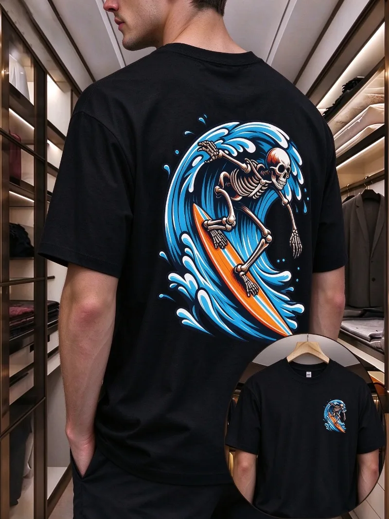 Mens Skeleton Surfing Back Print T-Shirt Skull Surfboard Blue Waves Orange Surfboard Casual Short Sleeve Soft Modal Tee