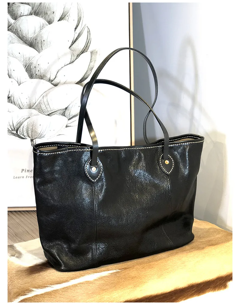 Casual luxury natural genuine leather women black large-capacity tote bag outdoor daily work big handbag shopping shoulder bag