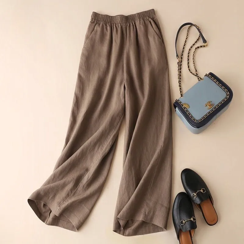 

XIZOU Summer Women Pants Cotton Linen Elastic Waist Wide-Leg Trousers Casual Lightweight Solid 2025 New Leisure Commuting Office