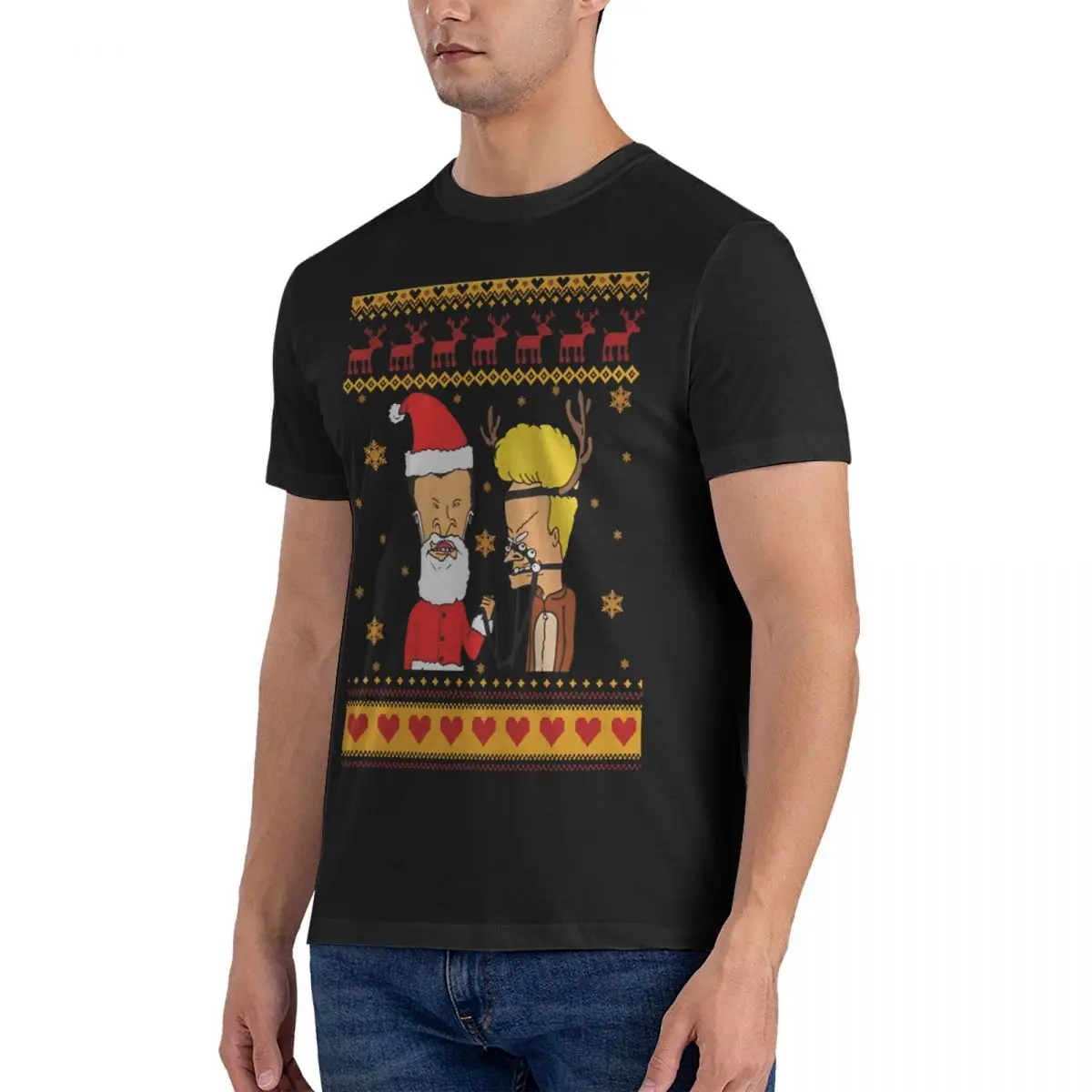 Men Ugly Christmas Sweater  Beavis And Butt-Head Pure Cotton Clothes Humorous Short Sleeve Crewneck Tees Birthday Gift T-Shirt