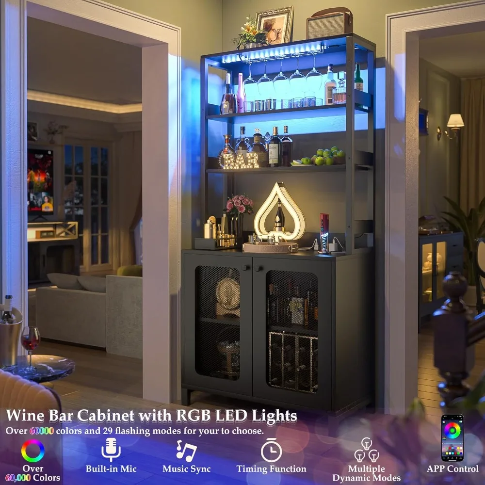 Aheaplus Mueble de bar con tomas de corriente, mueble alto para bar de vinos 67, gabinetes para licores con luces LED y soporte para vidrio, cafeteras