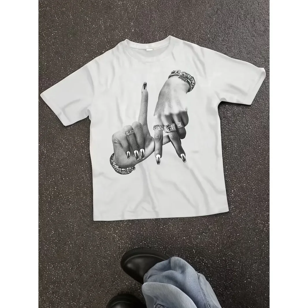 2026 Y2K Los Angeles Print Unisex T-Shirt Short Sleeve Casual Top with Hand Gesture & Lettering,Relaxed Fit Round Neck Themed Outfits