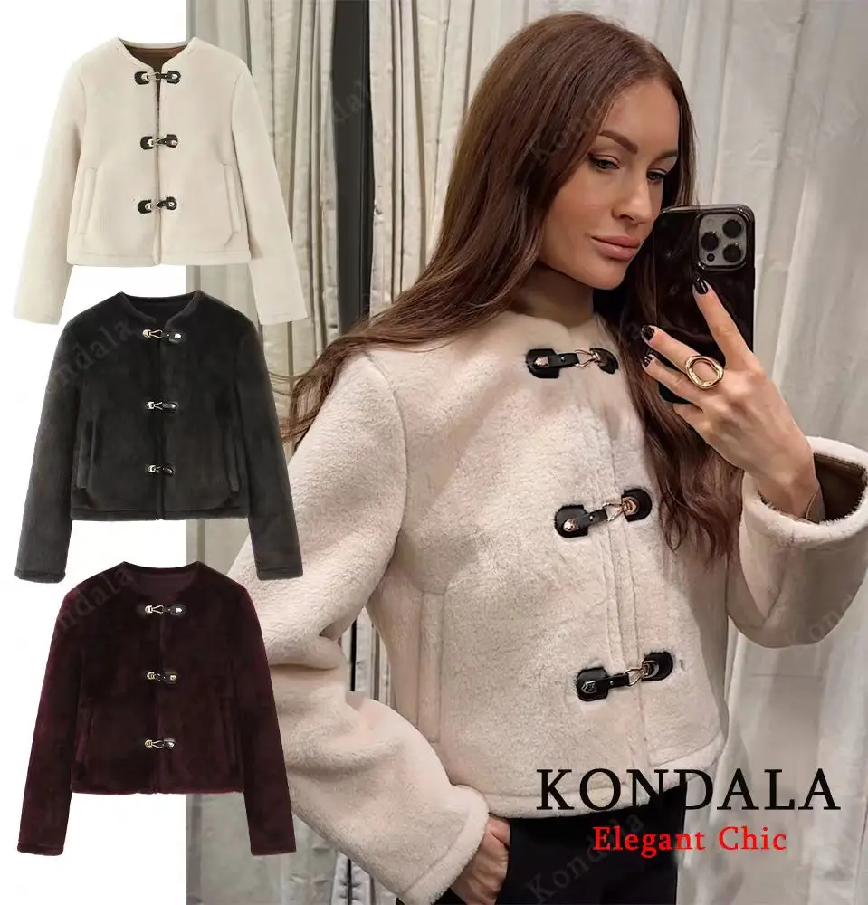 

KONDALA женская элегантная куртка с карманами на пуговицах, короткая куртка с длинными рукавами, пальто, новинка 2025, модное осенне-зимнее винтажное пальто Mujer