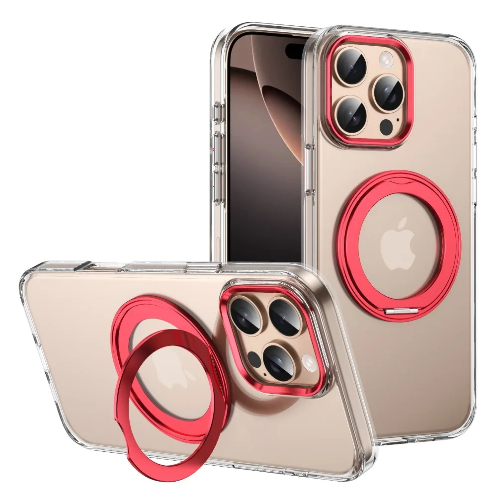 Magnetic Transparent 360 Rotating Bracket Phone Case for IPhone 16 15 Plus 14 13 12 Pro Max Ring Holder Protective Cover