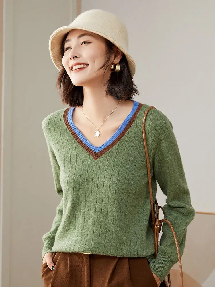 Women\'s Autumn Sweater V-Neck Long Sleeve Pullover 100% Merino Wool Multicolor Cashmere Knitwear Female Clothing Grace Tops