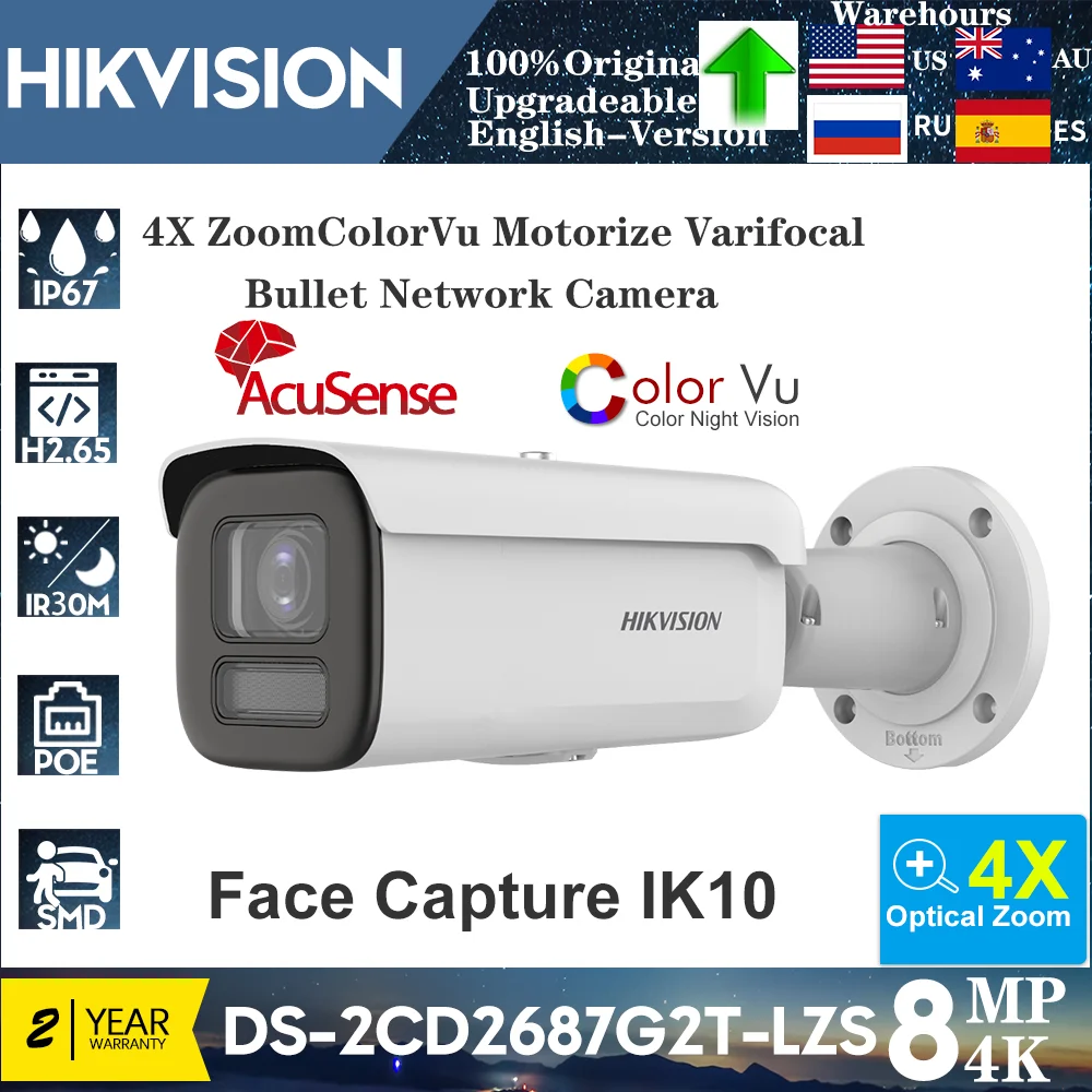 Original Hikvison 8MP POE ColorVu IP Camera DS-2CD2687G2T-LZS IP67 IK10 AcuSense 4X Zoom 2.8–12mm Audio Alarm Video Surveillance