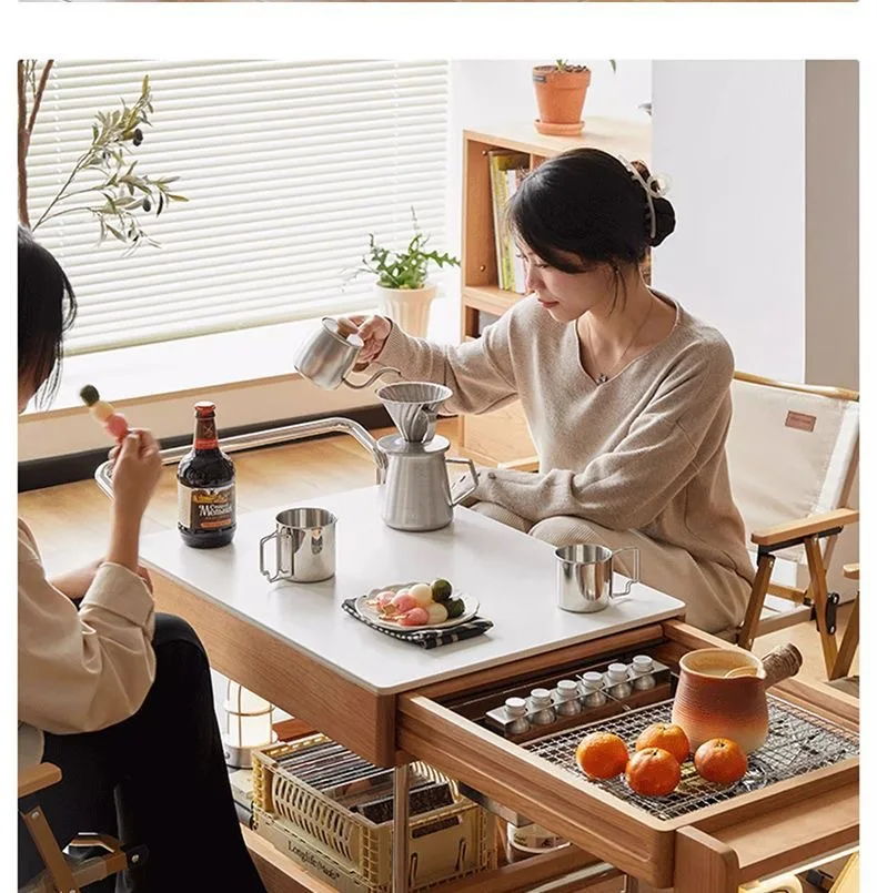 Small cart mobile coffee table Japanese sofa living room retractable stove tea solid wood household tea table small apartment