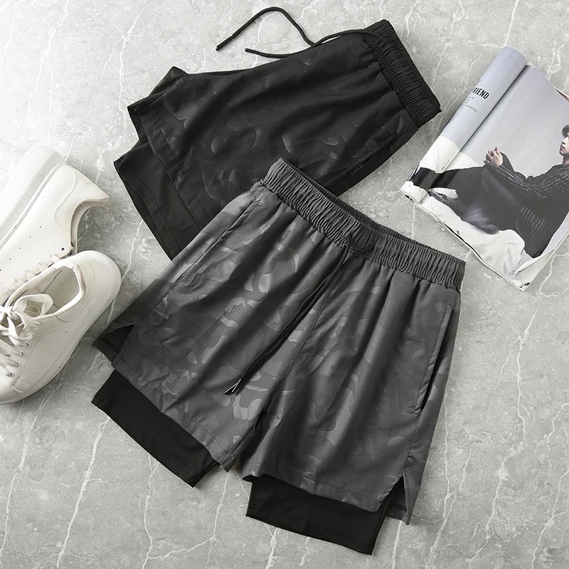 

Профессиональные тренировочные шорты с эластичной талией, быстросохнущие, мужские, летние, спортивные, с имитацией двухслойного дизайна, повседневные, свободного кроя, молодежные