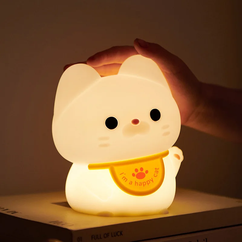 Lucky Cat Night Light USB Charging Timer LED Silicone Tapping Light Children\'s Bedside Light Warm and Healing