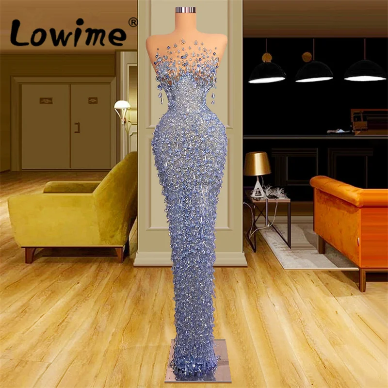 Dubai Arabic Crystal Dresses Blue Long Women Evening Dress Elegant Beaded Wedding Party Dress Pageant Prom Gowns Custom Made