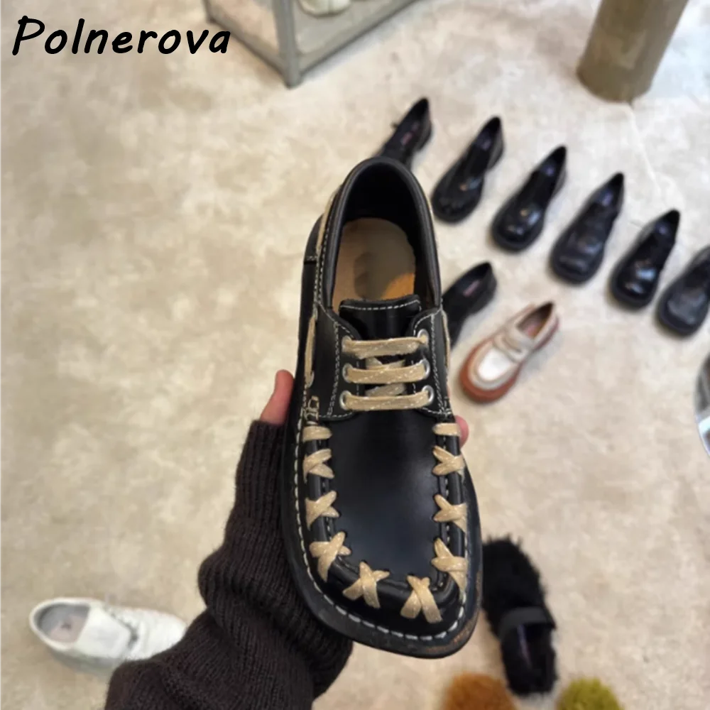 خليط عبر تعادل مضخات الخياطة الدانتيل يصل ساحة تو شقة مع أحذية سوداء بنية المرأة جلدية موضة أحذية الربيع 2025