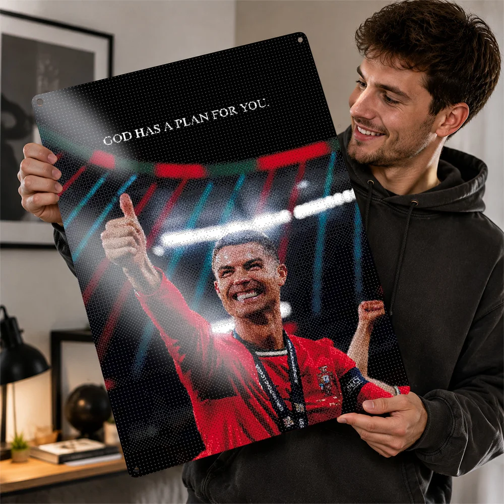 Cristiano Ronaldo God Has A Plan Quote Textured Metal Poster Dynamic Wall Art For Home Gym Personalized Aluminum Sign Gift Idea