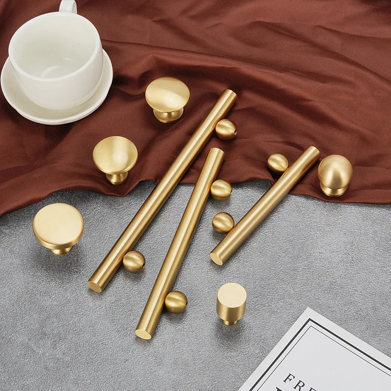 Solid Brass Luxury Furniture Handle Ribbed Romance Style PVD Gold T-Bar Kitchen Cabinet  Pull Wardrobe Door Copper Knob