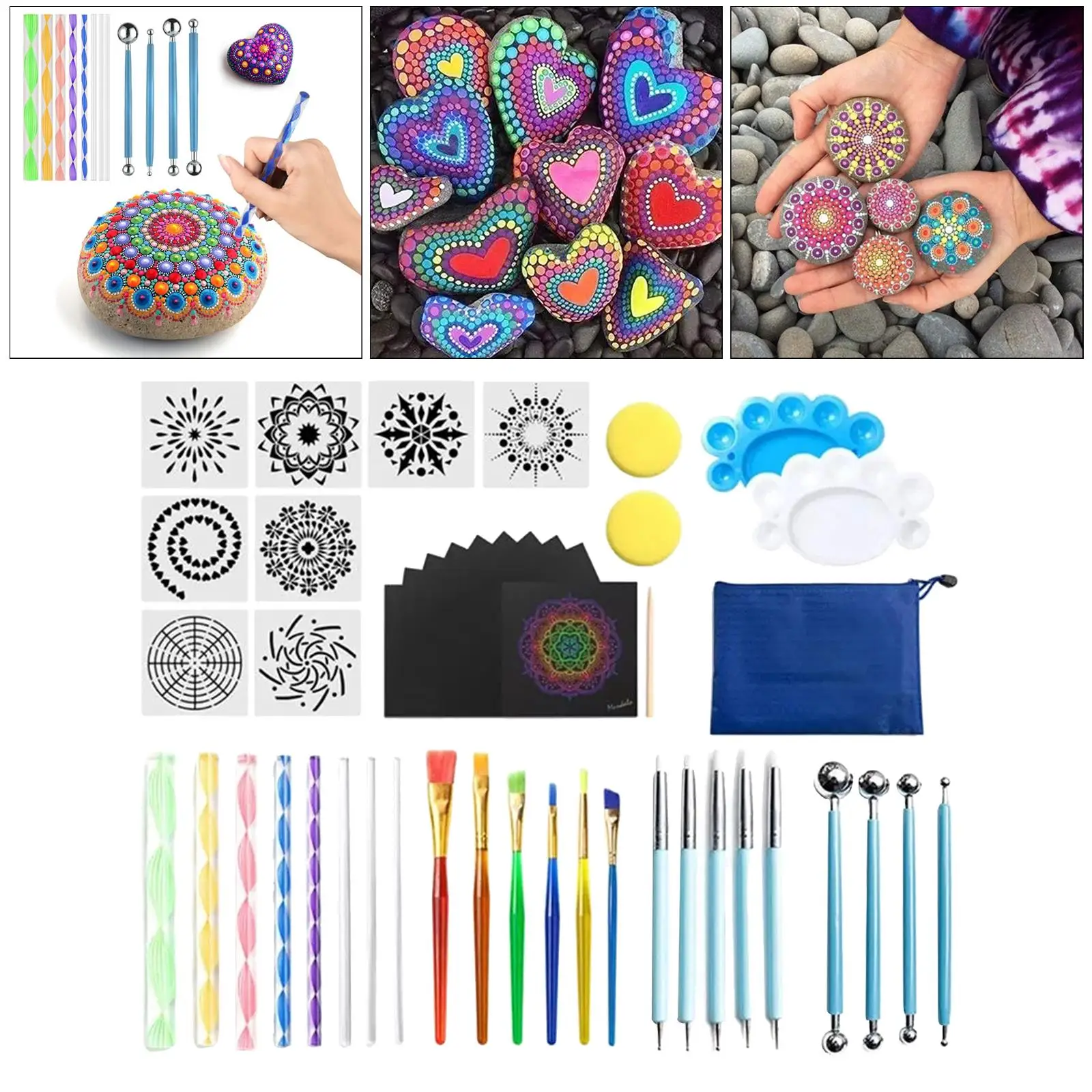 47Pcs Mandala Dotting Tools Rock Painting Kits Paint Stencil Brush