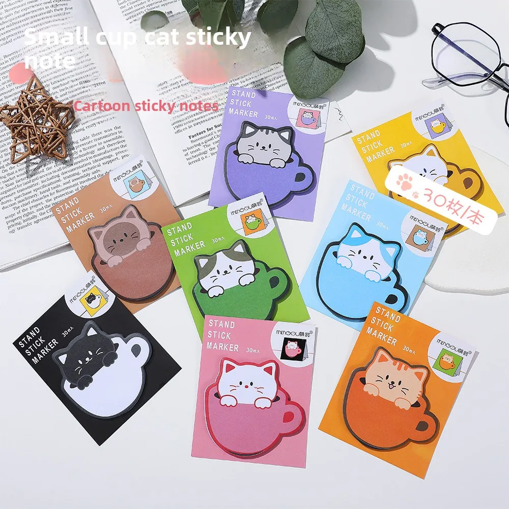 Cute Cat in Cup Sticky Notes, Cartoon Self-Adhesive Memo Pads, Colorful Removable Note Pads for Office School