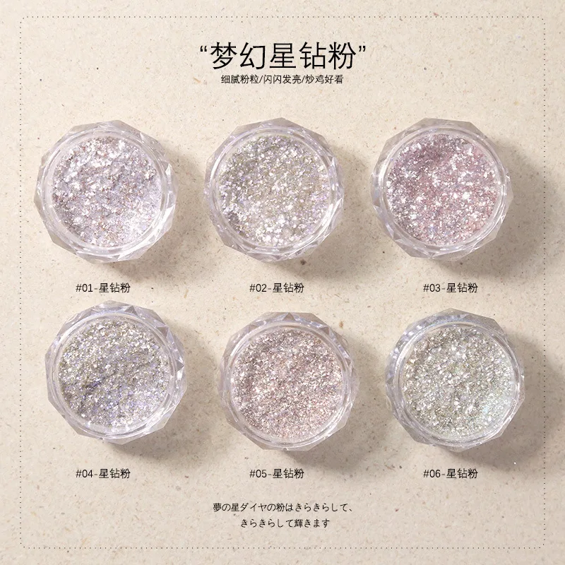 6Jar/Set Sparkling Diamond Nail Powder Star Broken Diamond Reflective Nail Glitter Dust Fine Shiny Pigment Nail Art Decorations