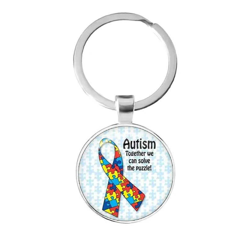 Autism Awareness Puzzle Ribbon Love Photo Round Glass Cabochon Keychain Bag Car Key Chain Ring Holder Charms Jewelry