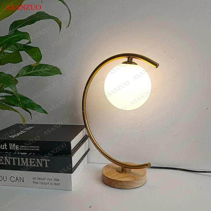 Glass ball Wood table lamp bedroom living room decor Lighting fixtures Study Reading Desk Lamp bedside Night Lamp Gold Black