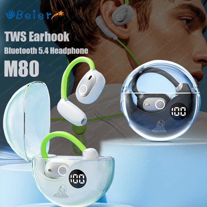 Beier Bluetooth 5.4 Headphone M80 TWS Earhook Wireless Earphone HiFi Stereo Sport Earbuds Waterproof Headset With Mic For Phone