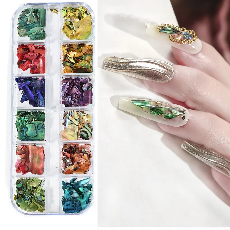 12 Grids Abalone Seashell Nail Art Slices Holographic 3D Mermaid Irregular Nail Art Glitter Flakes Manicure Sparkly Decoration T