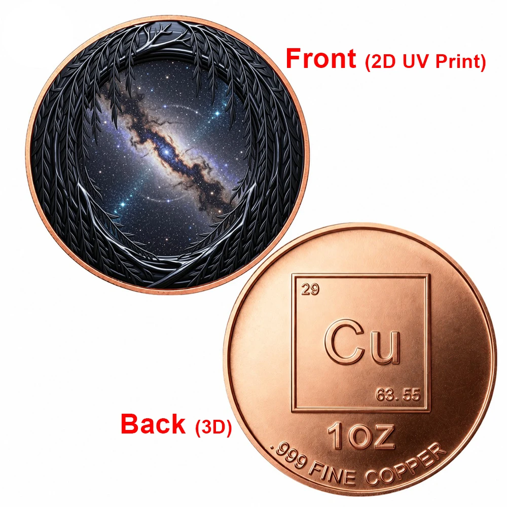 1pc 1oz .999 Fine Copper Cosmic Galaxy Tree Art Commemorative Coin UV Printed Starry Night Space Collectible Medal Souvenir Gift