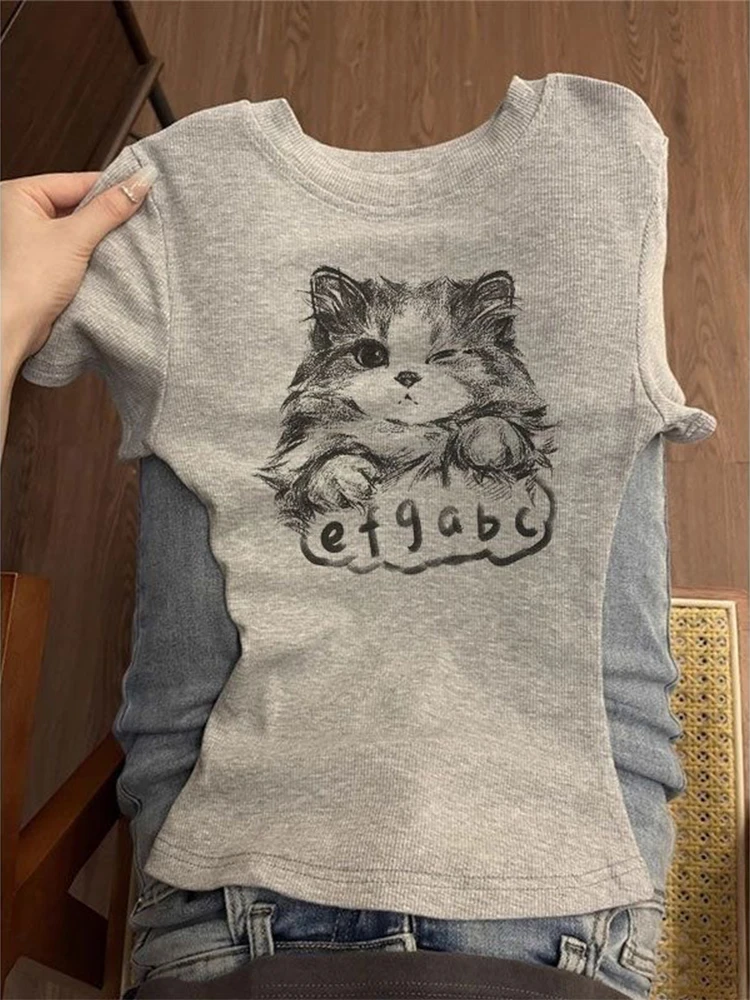 

Grey Short Sleeve T-shirt Retro Cute Cat Printed Women Top Summer Casual Versatile Slim Short Sleeve Tops Korean Clothing