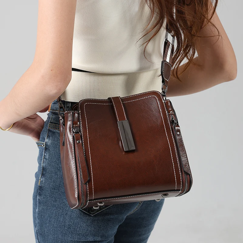 

Ladies wax leather bag is fashionable practical suitable for large capacity commuting to work high- quality cowhide crossbody