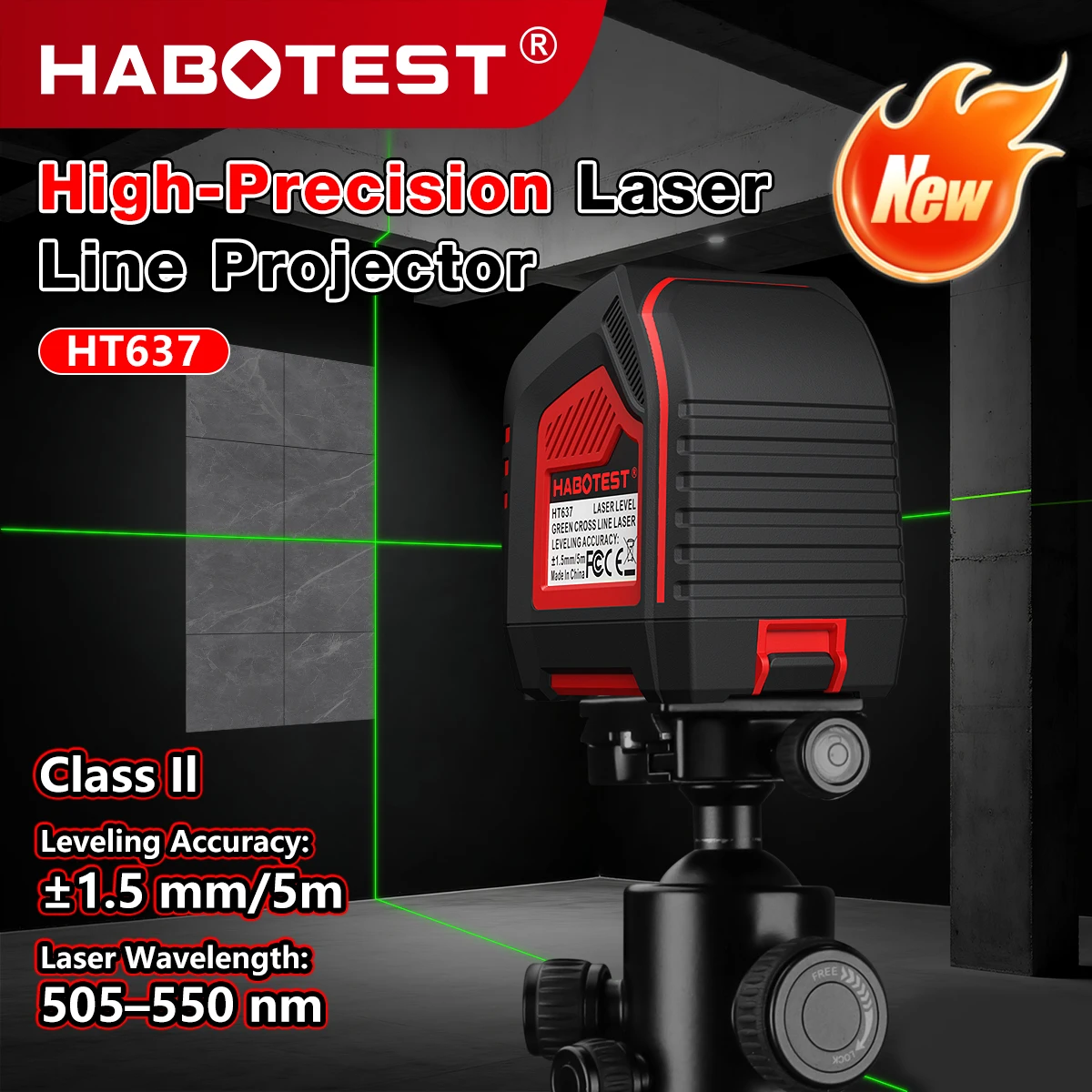 HABOTEST HT637 Green Laser Level 2 Lines Cross Line Self-Leveling 1.5mm/5m High Precision 30M Work Distance ClassII Green Beam