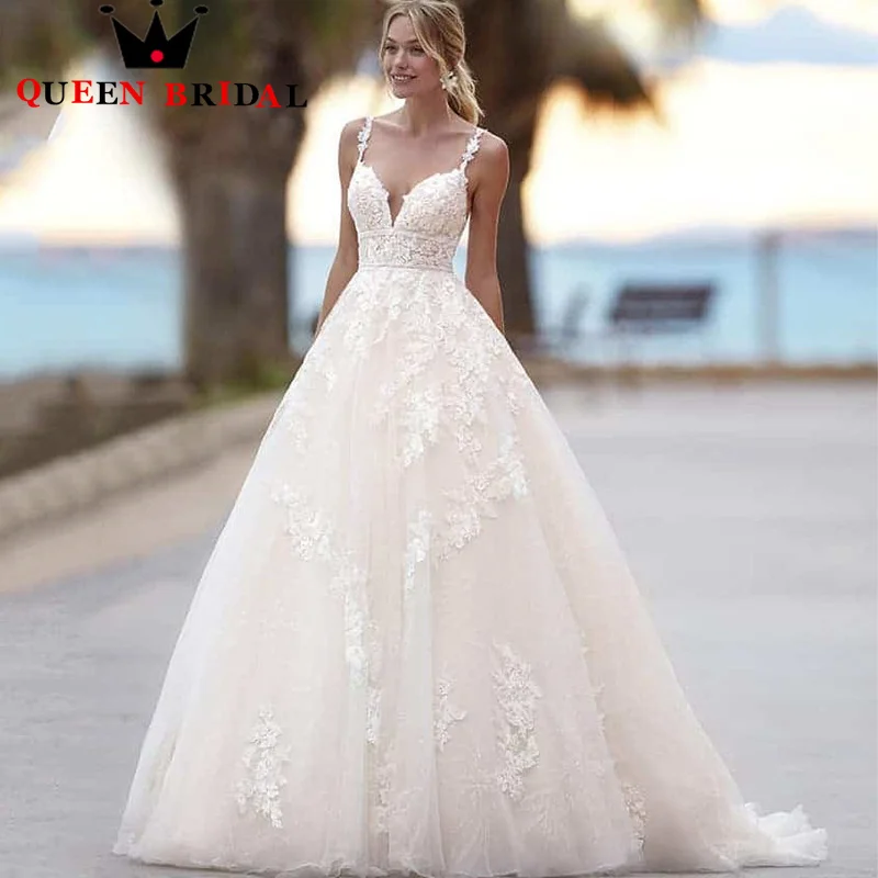 Vestido De novia elegante con tirantes finos y cuello en V, apliques De encaje, línea A, Espalda descubierta, sin mangas, personalizado, S34X