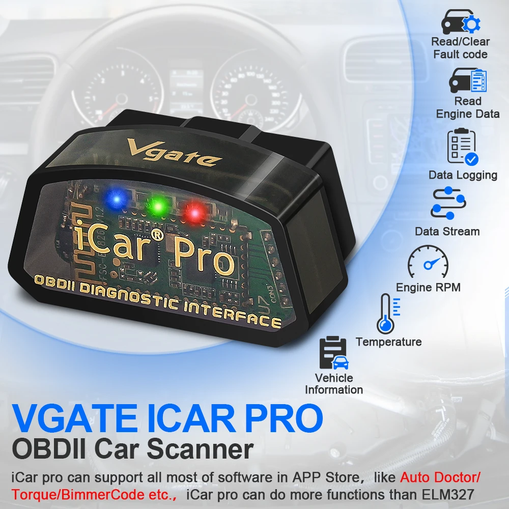 Vgate ICar Pro لاسلكي مع اتصال بلوتوث 4.0/واي فاي، مسح BLE Obd2 لنظام Android وIOS