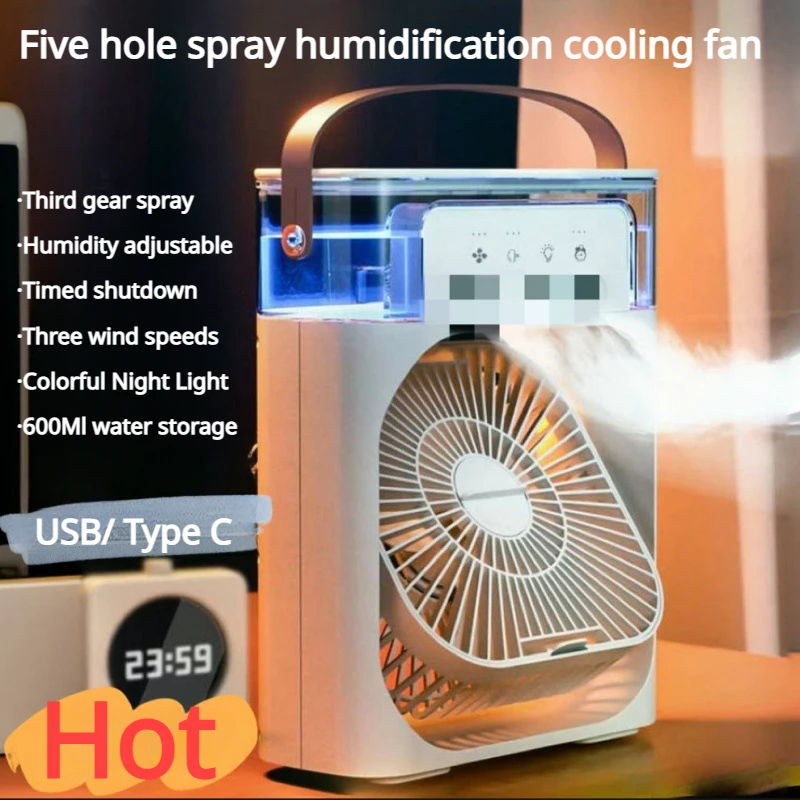 3-speed Adjustable Electric Fan Five-hole Humidification Conditioner Household Small Air Cooler Led Night Lights Air Home Fans