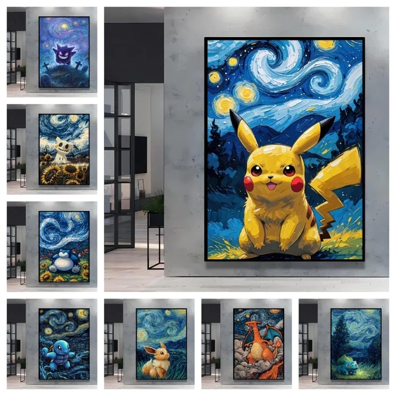 Frameless canvas paintings,Van Gogh Style Pokemon Pikachu Wall Decoration Multiple Characters Are Available Creating A Unique Ar