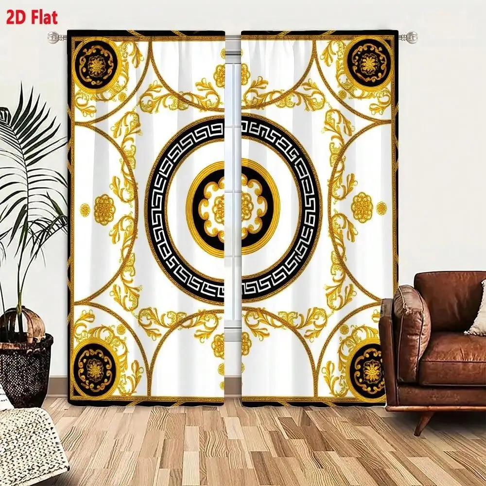 Luxury 2-Piece Curtain Set In 2D Flat Design, Polyester With Ornate Greek Key Floral Pattern In Black, White & Golden