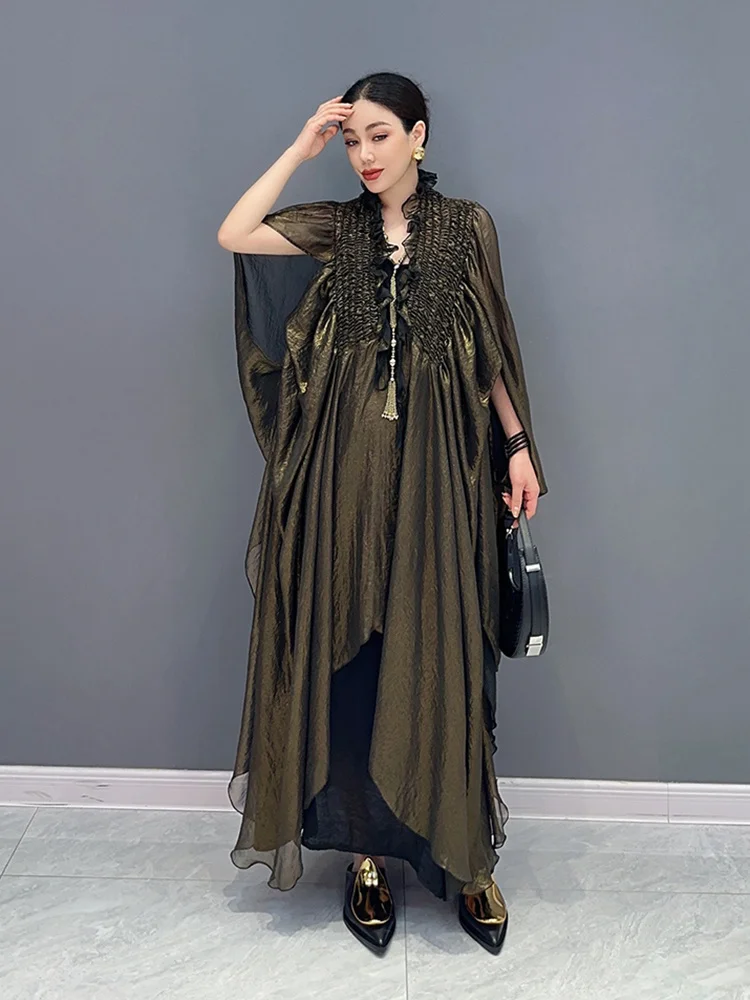 SHENGPALAE Batwing Sleeve Dress For Women Stand Collar Patchwork Folds Solid Color Loose Waist Vestido Summer 2024 New 5R4469