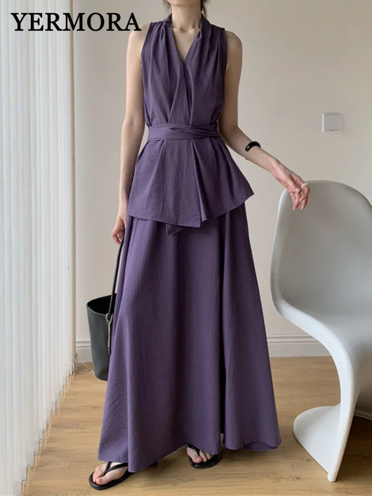 

YERMORA Women Two Pieces Set Purple Pleated Bandage Brief Vest V-neck Loose New High Waist Skirt Fashion Spring Summer 2025