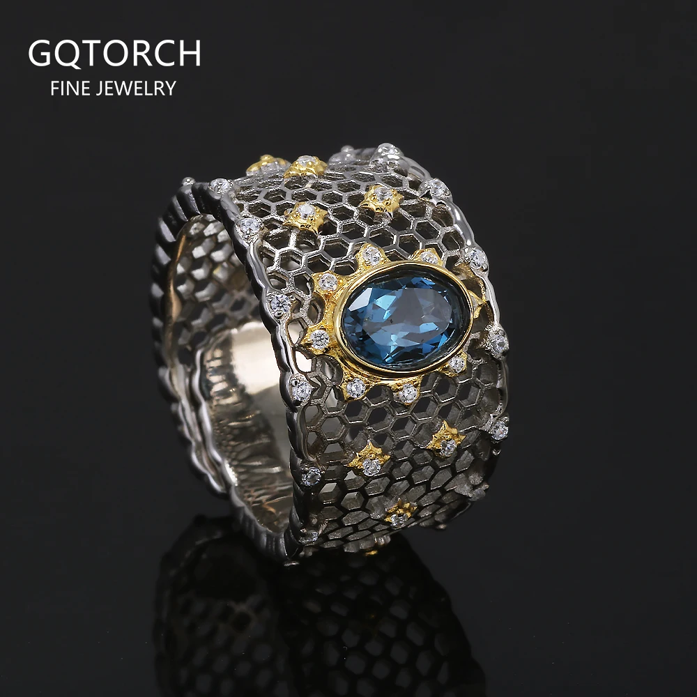 

925 Sterling Silver Topaz Stone Women's Wedding Ring Wide Adjustable Hollow Out Luxury Royal Style Vintage Fashion Jewelry