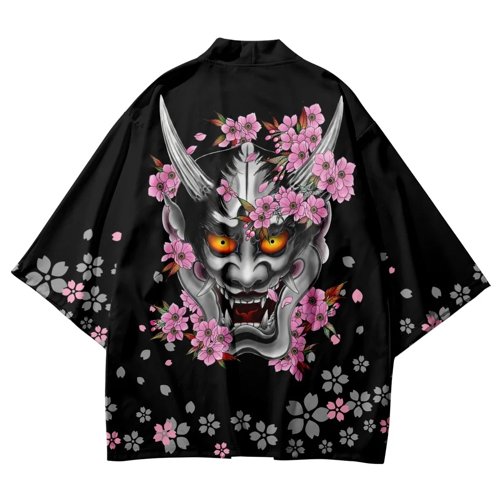 

Japanese Streetwear Demon Flower Print Shirts Summer Men Beach Yukata Cardigan Women Kimono Fashion Traditional Blouse Haori