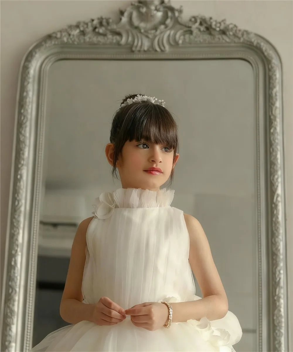 Maßgeschneidertes Blumenmädchenkleid für die Hochzeit, Blumenapplikation, bauschig, ärmellos, Tüll, Geburtstagsfeier, Baby-Erstkommunion-Ballkleid