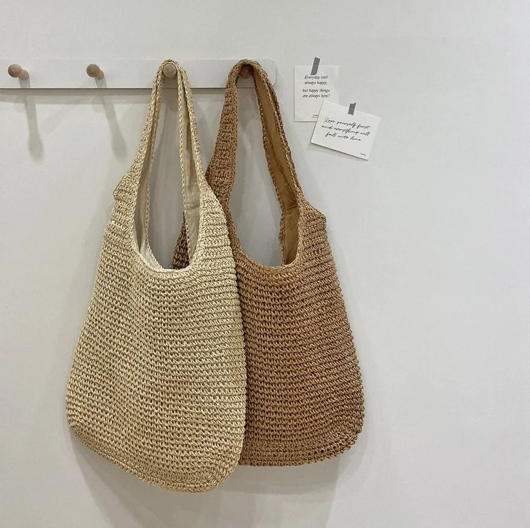 Sac fourre-tout en paille pour femme, sac de plage tissé à la main, sac à bandoulière en rotin, sac à main tricoté décontracté, grande capacité, été 2024