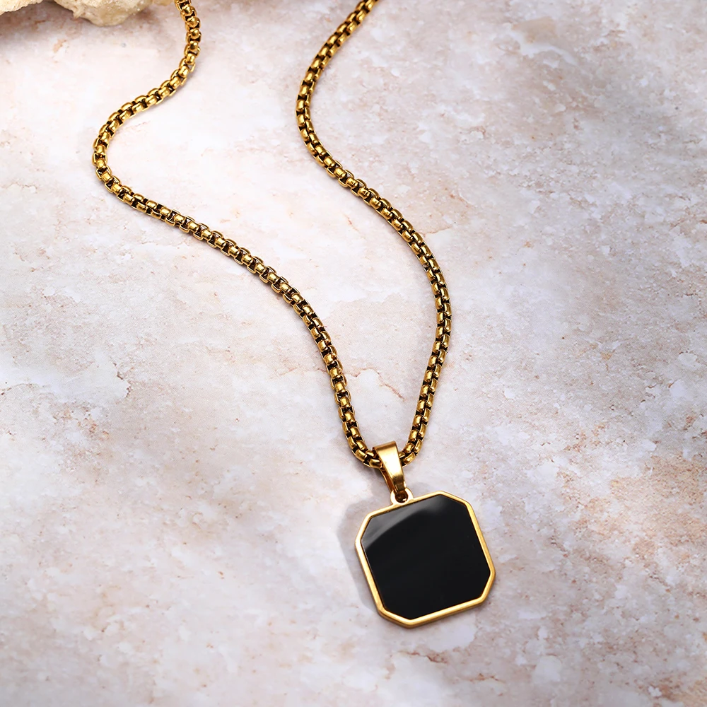 DGIDDK Stainless Steel Black Geometric Square Pendant Necklace Men And Women Design Sense Temperament Sweater Chain Jewelry