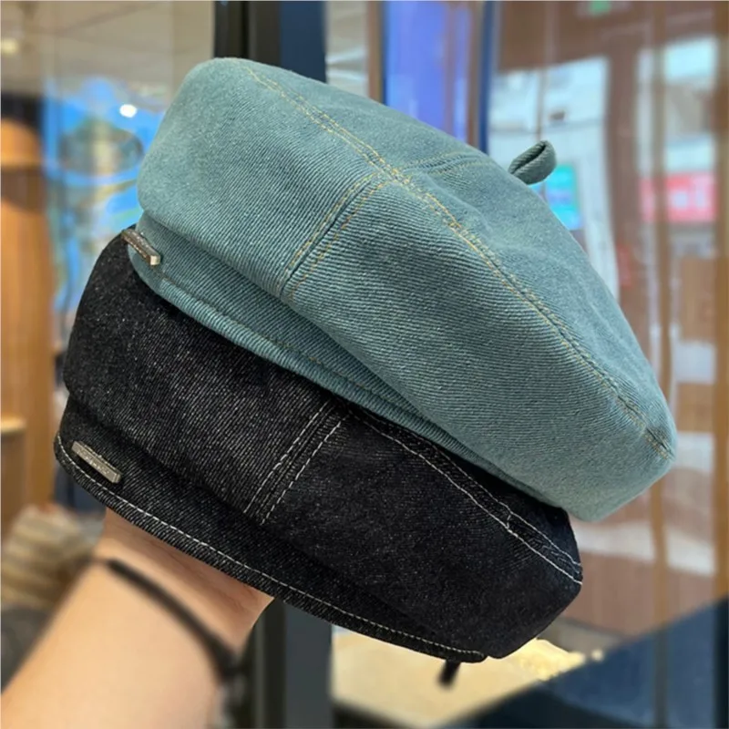 New Retro Denim Beret Metal Tag All Match Painter Hat Large Head Face Slimming Design Women Fashion Casual Street Wear Cap