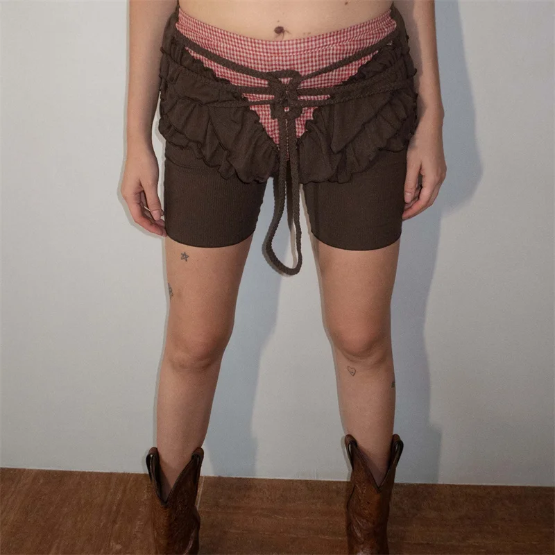 レディースサマーY2Kレトロブルマーストラップタイドレイヤードフリル装飾伸縮性ローウエストスリムフィットチェック柄パッチワークショーツ
