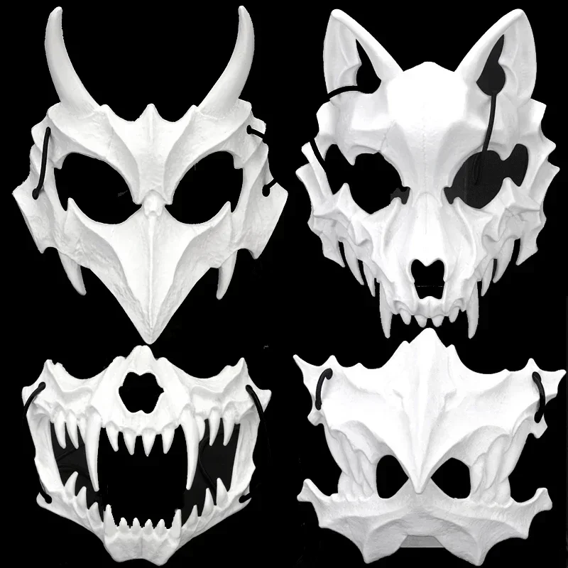 

Party Skull Mask Long Teeth Demon Skeleton Half Face Mask Wolf Dragon Tiger Houjuu Nue Mask Cosplay Halloween Costume Props