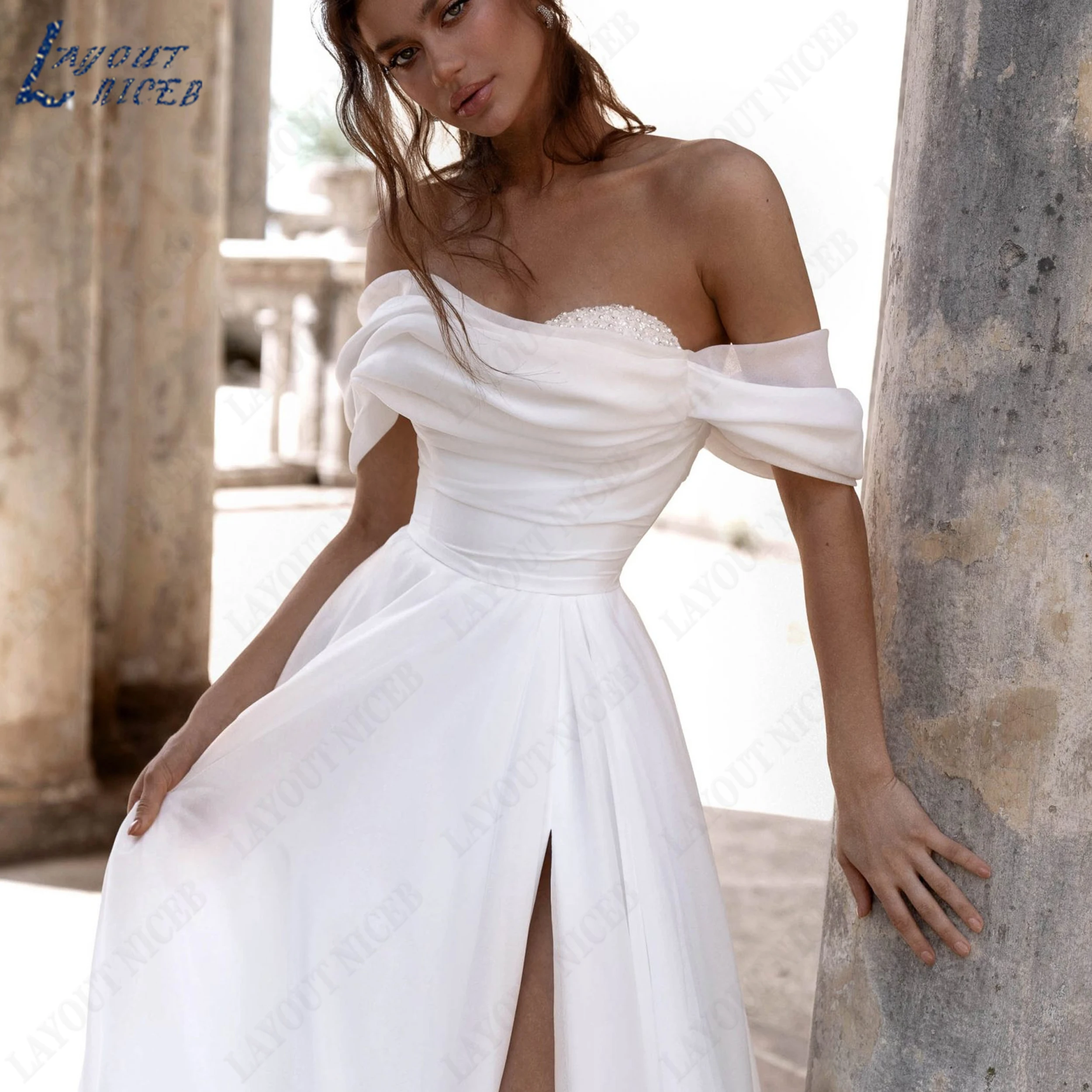 LAYOUT NICEB Customized High Slit  A‑Line Bride Dress Off The Shoulder Bridal Gown Romantic Organza Wedding Dresses Beaded